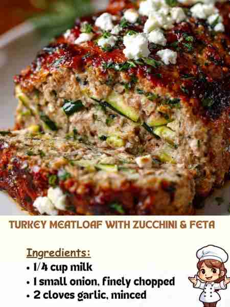 Turkey Meatloaf with Zucchini & Feta Ingredients 1/4 cup milk 1 small onion, finely chopped 2 clove...