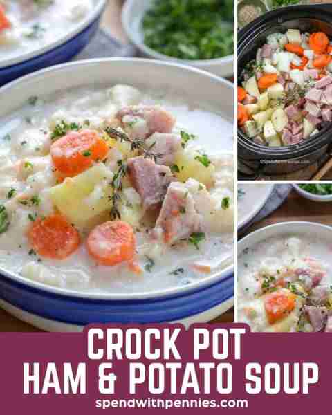 A simple and delicious soup loaded with potatoes, sweet carrots and tender ham cooks in the slow coo...