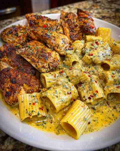 Mozzarella Garlic Herb Chicken with Creamy Rigatoni Parmesan Sauce Ingredients: 4 boneless, skinless...