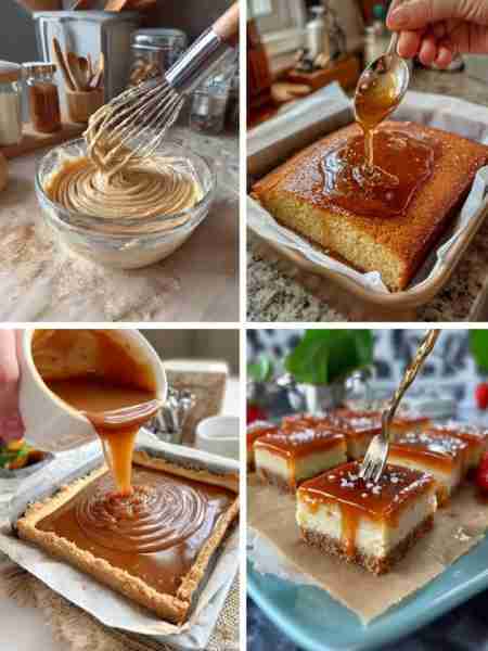 Keto Salted Caramel Cheesecake Bars Yield: 16 squares Time: ~35–40 min bake + chill Approx. net carb...