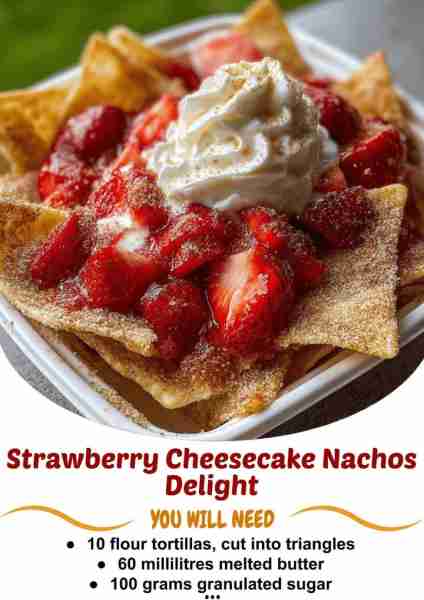 Strawberry Cheesecake Nachos 😋 Ingredients → Cinnamon Sugar Chips 10 flour tortillas, cut into tria...