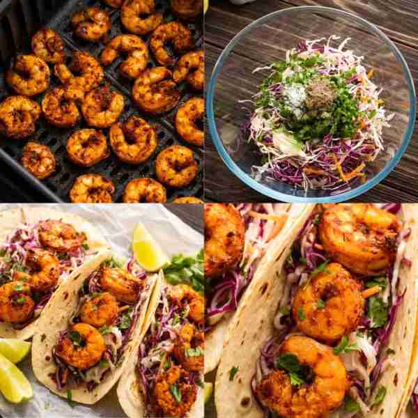 These Air Fryer Blackened Shrimp Tacos are quick, easy and paired with a zesty slaw!