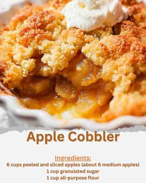 Apple Cobbler Ingredients: - 6 cups peeled and sliced apples (about 6 medium apples) - 1 cup granula...