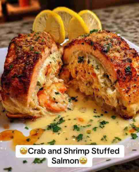 Crab and shrimp stuffed salmon 4 salmon fillets (about 6 oz each) 1 cup lump crab meat 1/2 cup shrim...