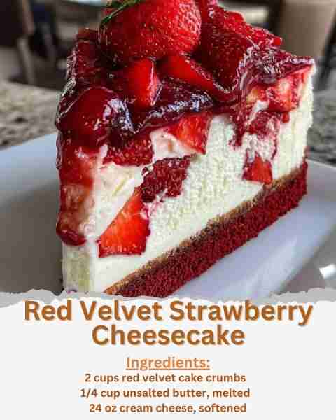 Red Velvet Strawberry Cheesecake Ingredients: - 2 cups red velvet cake crumbs - 1/4 cup unsalted but...