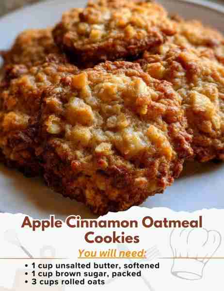Apple Cinnamon Oatmeal Cookies Ingredients: - 1 cup unsalted butter, softened - 1 cup brown sugar, p...
