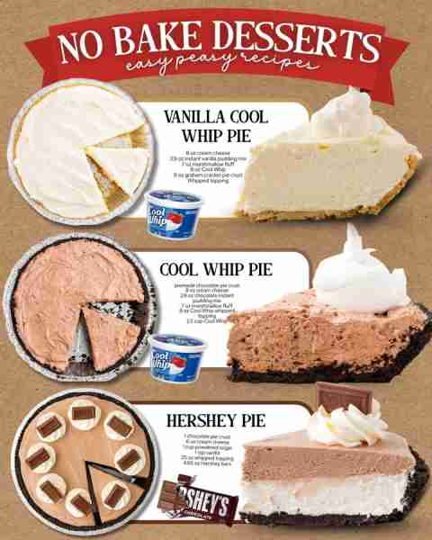 No Bake Pies = Quick, Creamy, Cool 🍫🥧 1️⃣ VANILLA COOL WHIP PIE 8 oz cream cheese 3.9 oz vanilla p...