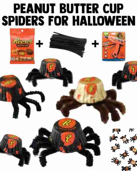 Peanut Butter Cup Spiders for Halloween! 👻🎃🕷🕸 **Supplies** ▢ Mini Reese’s Peanut Butter Cups ▢ Pip...