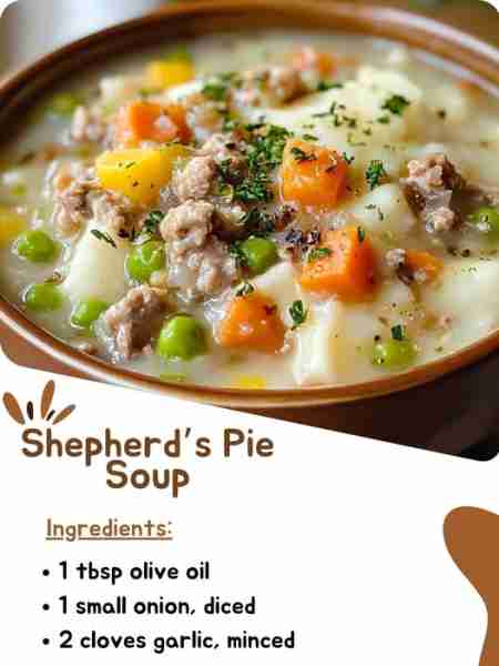 Shepherd’s Pie Soup 1 chopped tiny onion 2 minced garlic cloves 1 pound of ground turkey or beef 2 s...