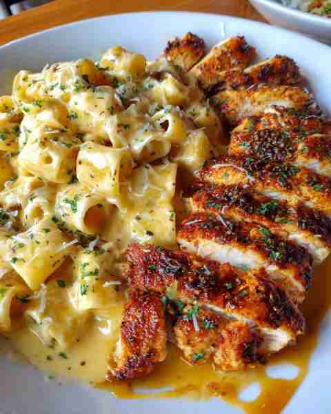 Creamy Cajun Chicken with Mozzarella Rigatoni and Parmesan Alfredo Cream Ingredients: For the Chicke...