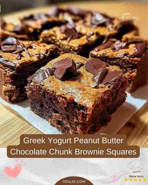 Healthy Greek Yogurt Peanut Butter Chocolate Chunk Brownie Squares 🥜🍫 A deliciously fudgy and heal...