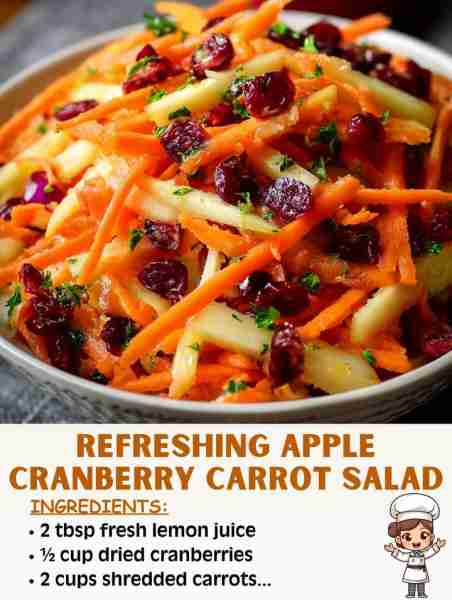 🍏🥕 Refreshing Apple Cranberry Carrot Salad 🛒 Ingredients 2 medium apples, julienned or diced 2 cu...