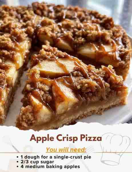 Apple Crisp Pizza Ingredients: - 1 dough for a single-crust pie - 2/3 cup sugar - 3 tablespoons all-...