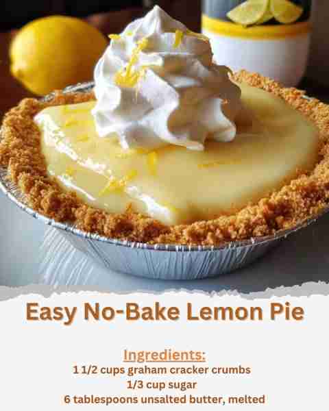 Easy No-Bake Lemon Pie Ingredients: - 1 1/2 cups graham cracker crumbs - 1/3 cup sugar - 6 tablespoo...