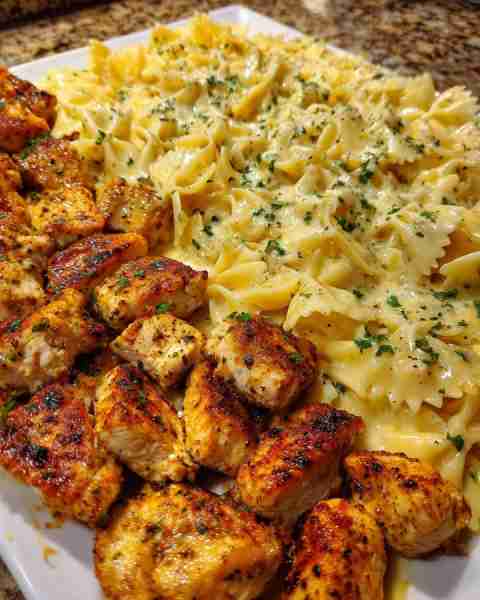 Creamy Velveeta Garlic Chicken with Bowtie Four-Cheese Pasta Ingredients: 2 large chicken breasts, b...