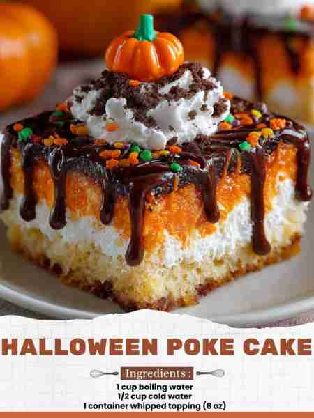 Halloween Poke Cake Ingredients: 1 cup boiling water 1/2 cup cold water 1 container whipped topping...