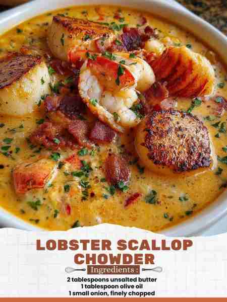 Lobster Scallop Chowder Ingredients: 2 tablespoons unsalted butter 1 tablespoon olive oil 1 small on...