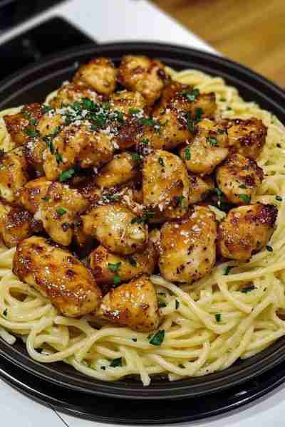 Sweet & Spicy Honey Pepper Chicken over Velvety Garlic Butter Pasta Ingredients: For the Honey Peppe...
