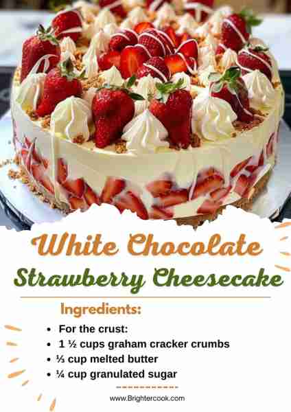 White Chocolate Strawberry Cheesecake Recipe Ingredients: • For the crust: • 1 ½ cups graham cracker...