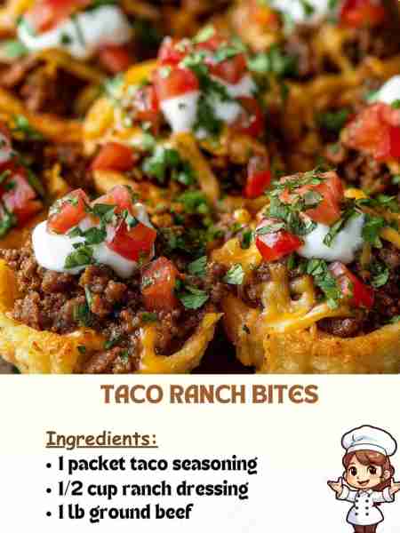 Taco Ranch Bites Ingredients 1 packet taco seasoning ½ cup ranch dressing 1 lb ground beef (or grou...