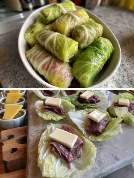 Keto Reuben Cabbage Rolls (corned beef + Swiss) Serves: 4–6 (10–12 rolls) Time: ~35 min Net carbs: ~...