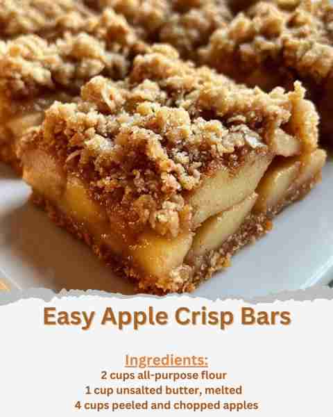 Easy Apple Crisp Bars Ingredients: - 2 cups all-purpose flour - 1 cup rolled oats - 1 cup brown suga...