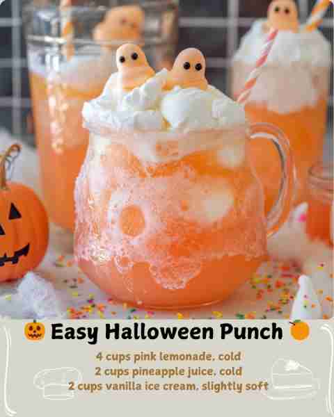 🎃 Easy Halloween Punch 🍊 🥤 Ingredients (Serves 4–6) 4 cups pink lemonade, cold 2 cups pineapple j...