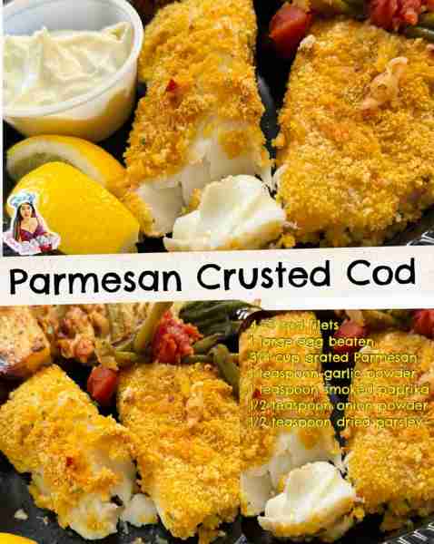 Cripsy and delicious- Parmesan Crusted Cod Recipe: 4-5 cod filets 1 large egg beaten 3/4 cup grated...
