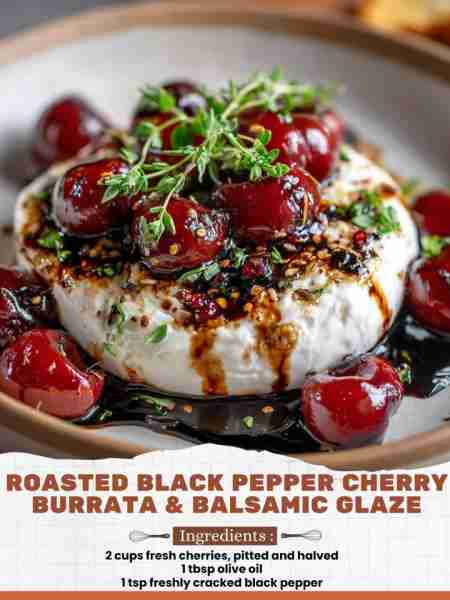 Roasted Black Pepper Cherry Burrata & Balsamic Glaze Ingredients: 2 cups fresh cherries, pitted and...
