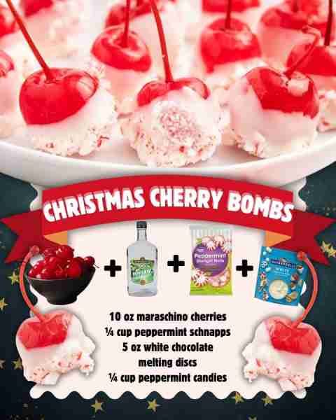 CHRISTMAS CHERRY BOMBS 🎄🍒 10 oz maraschino cherries ¼ cup peppermint schnapps 5 oz white chocolate...