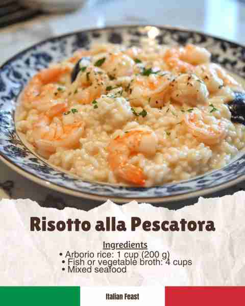 🇮🇹 Risotto alla Pescatora A seafood risotto full of shrimp, mussels, and calamari, cooked with arbor...