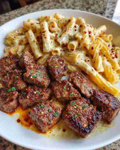 Garlic Butter Steak Tips with Cheesy Penne in Mozzarella Sauce Ingredients: 1 ½ lbs sirloin or ribey...