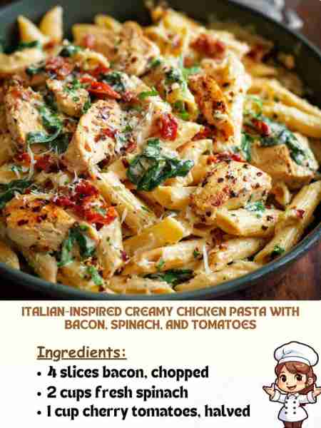 Italian-Inspired Creamy Chicken Pasta with Bacon, Spinach, and Tomatoes Ingredients 4 slices bacon,...
