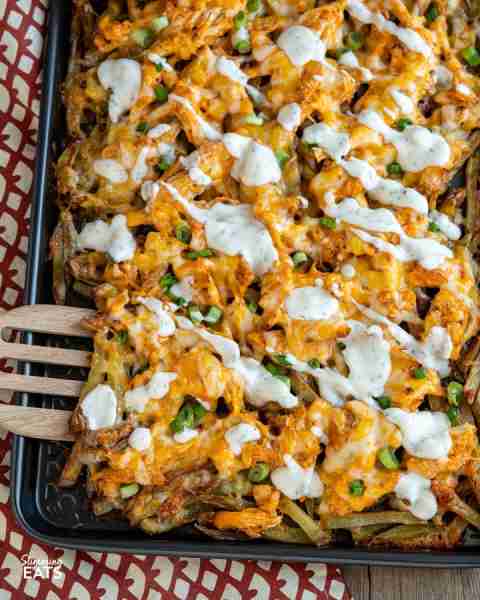 https://www.slimmingeats.com/blog/buffalo-chicken-loaded-fries Crispy oven-baked Buffalo Chicken Loa...