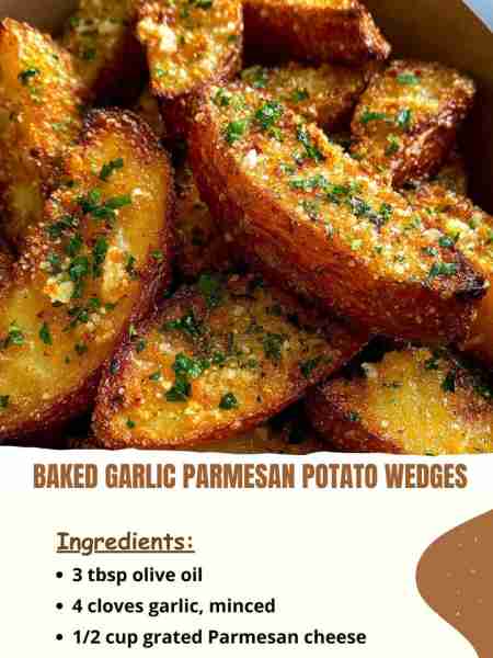 Baked Garlic Parmesan Potato Wedges Ingredients 3 tbsp olive oil 4 cloves garlic, minced ½ cup grat...