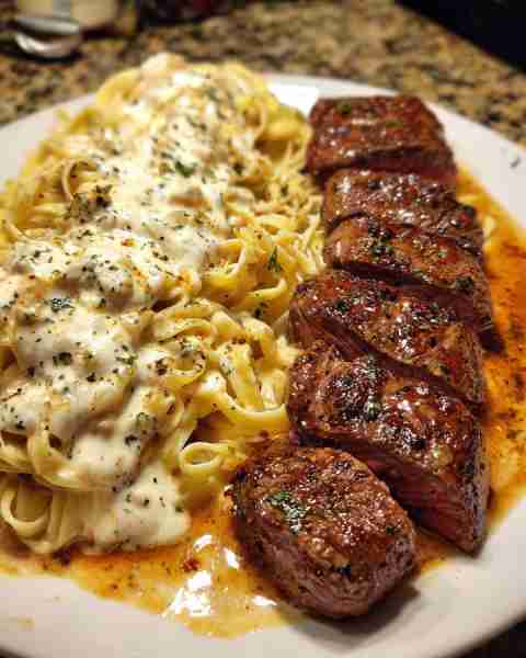 Garlic Butter Steak Tips with Creamy Parmesan Linguine Ingredients: 1 ½ lbs sirloin or ribeye steak,...