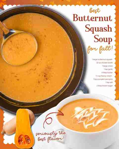 Cozy up with a bowl of this creamy Butternut Squash Soup 🥣 It’s rich, smooth, and packed with fall...