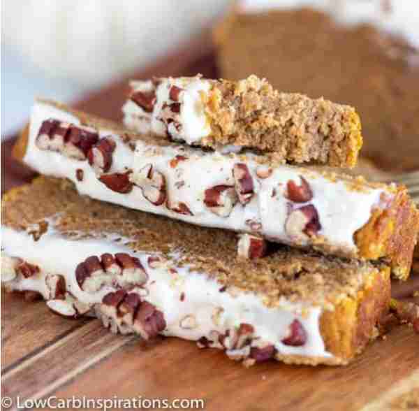 Low carb pumpkin bread topped with creamy cream cheese frosting? Yes, please! 🎃🍞✨ Perfect for a c...
