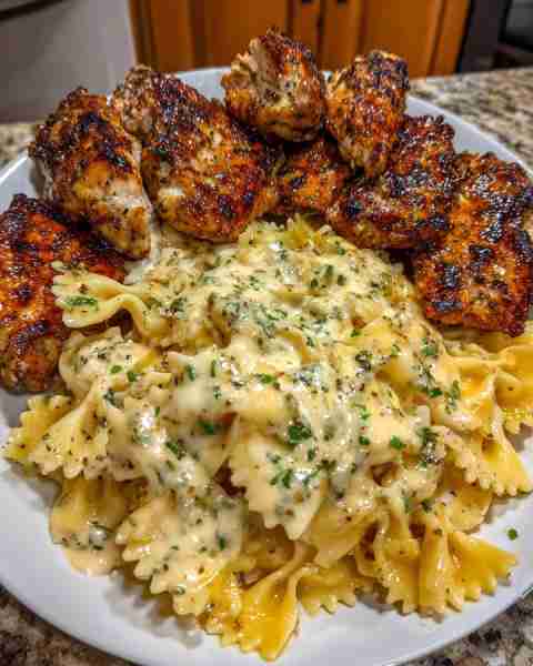 Garlic Parmesan Chicken with Bowtie Pasta and Velveeta Cheese Sauce Ingredients: 1 lb boneless, skin...