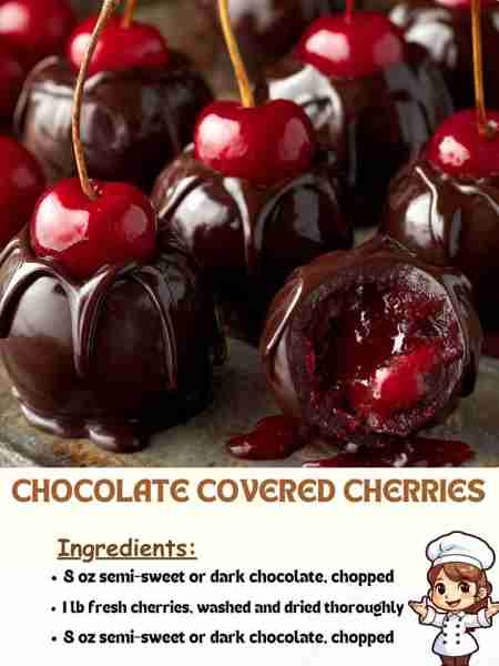 Chocolate Covered Cherries Ingredients 1 lb fresh cherries, washed and dried thoroughly 8 oz semi-s...