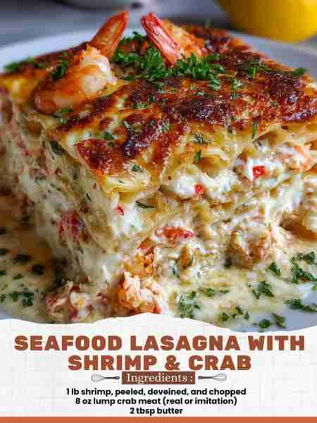 Seafood Lasagna with Shrimp & Crab Ingredients: 1 lb shrimp, peeled, deveined, and chopped 8 oz lump...