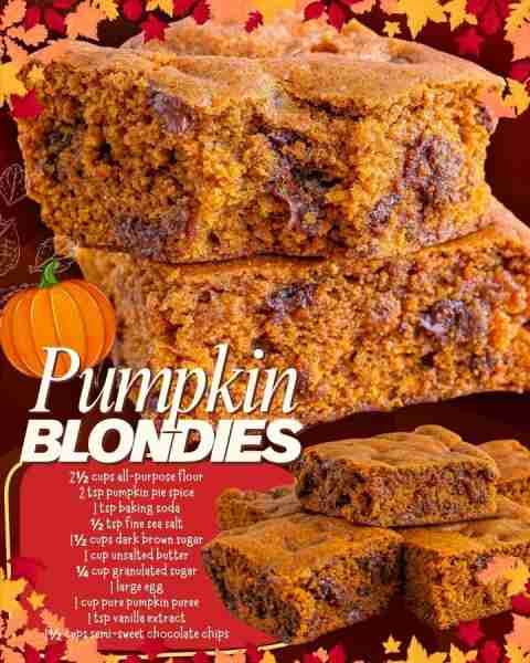 PUMPKIN BLONDIES 🎃 Recipe: https://princesspinkygirl.com/pumpkin-blondies/ 2½ cups all-purpose flou...