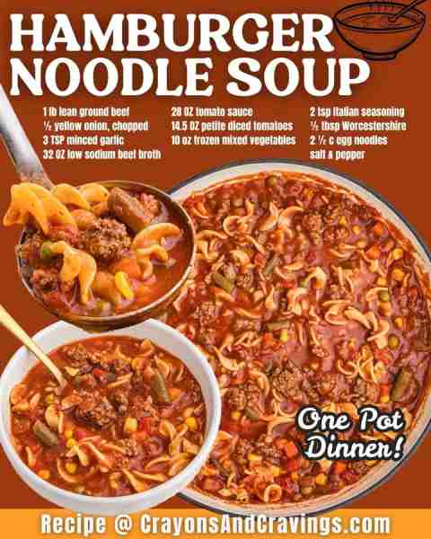 Warm up with this easy hamburger noodle soup recipe 🥘 1 lb lean ground beef ½ yellow onion 3 tsp mi...
