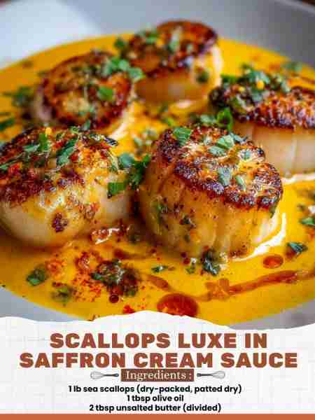 Scallops Luxe in Saffron Cream Sauce Ingredients: 1 lb sea scallops (dry-packed, patted dry) 1 tbsp...