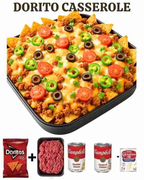 Dorito Casserole Ingredients: 1 (10–12 oz) bag nacho cheese Doritos (crushed slightly, but not to cr...