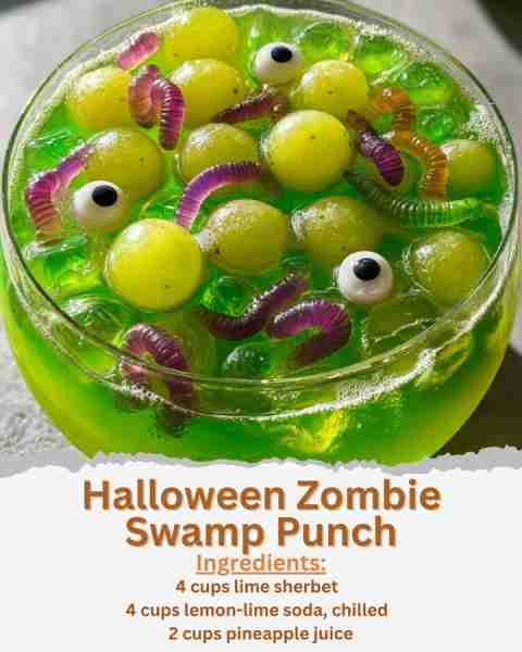 Halloween Zombie Swamp Punch Ingredients: - 4 cups lime sherbet - 4 cups lemon-lime soda, chilled -...