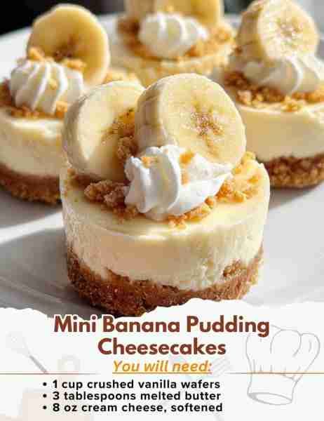 Mini Banana Pudding Cheesecakes Ingredients: Crust: - 1 cup crushed vanilla wafers - 3 tablespoons m...