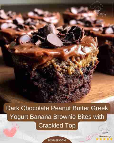 Dark Chocolate Peanut Butter Greek Yogurt Banana Brownie Bites with Crackled Tops 🍫🍌 A deliciously...