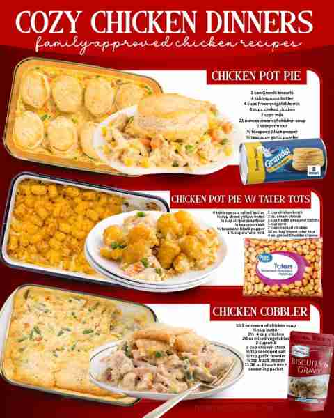 Family Approved Chicken Dinner Recipes!! 🍗 Chicken Pot Pie - 4 cups shredded chicken (cooked) - 8.2...