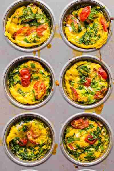 🍅🥬Breakfast Egg Muffins (vegetarian, with spinach, cherry tomatoes, green onions, and cheddar chee...
